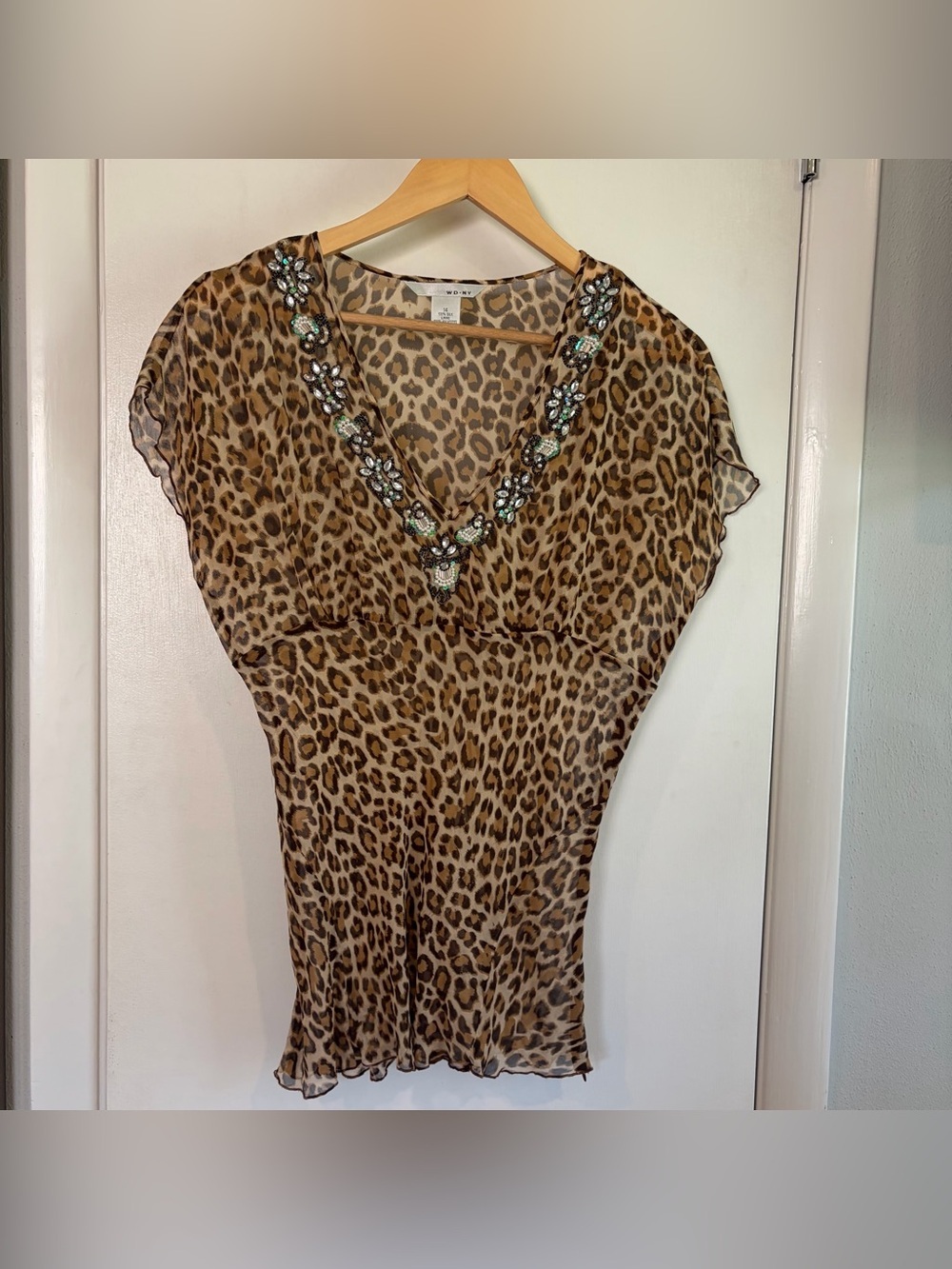 WD.NY Silk Sheer Y2K Cheetah Blouse. Size: 14.
